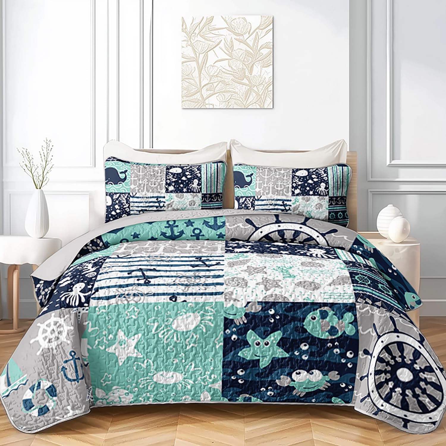 3pcs Kids Nautical Bedding Set Queen - Anchor, Starfish, Seahorse Quilt! Reversible Bedspread Coverlet - Blue/White Theme, Soft Comforter for Boys/Girls Rooms, Cute Decor