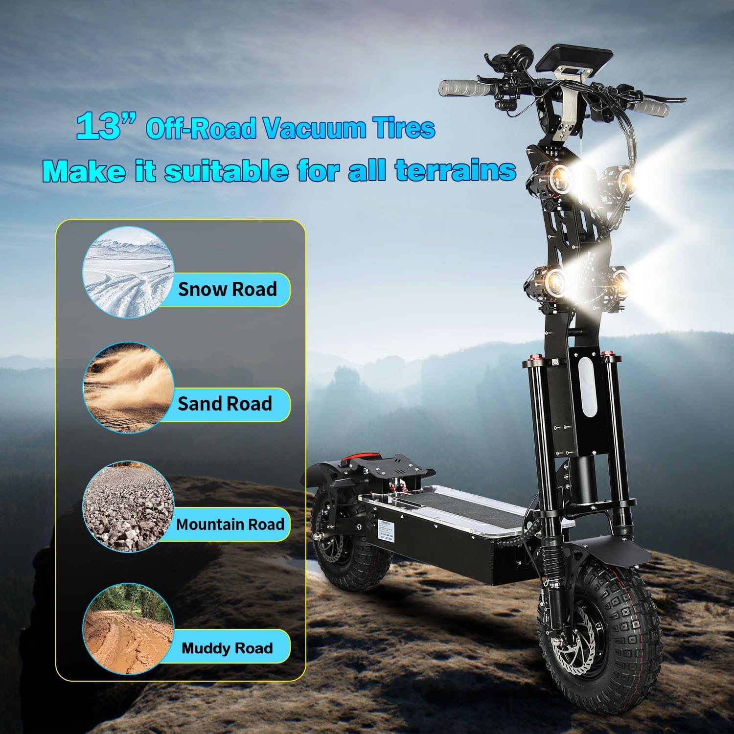 HWWH P4 Monopattino Elettrico Adulto Potente, Doppio motore Doppia Sospensione 14 pollici Pneumatico Tubeless Fuoristrada 60V/40Ah Batteria al Litio Autonomia Massima di 100 KM Carica 200 KG