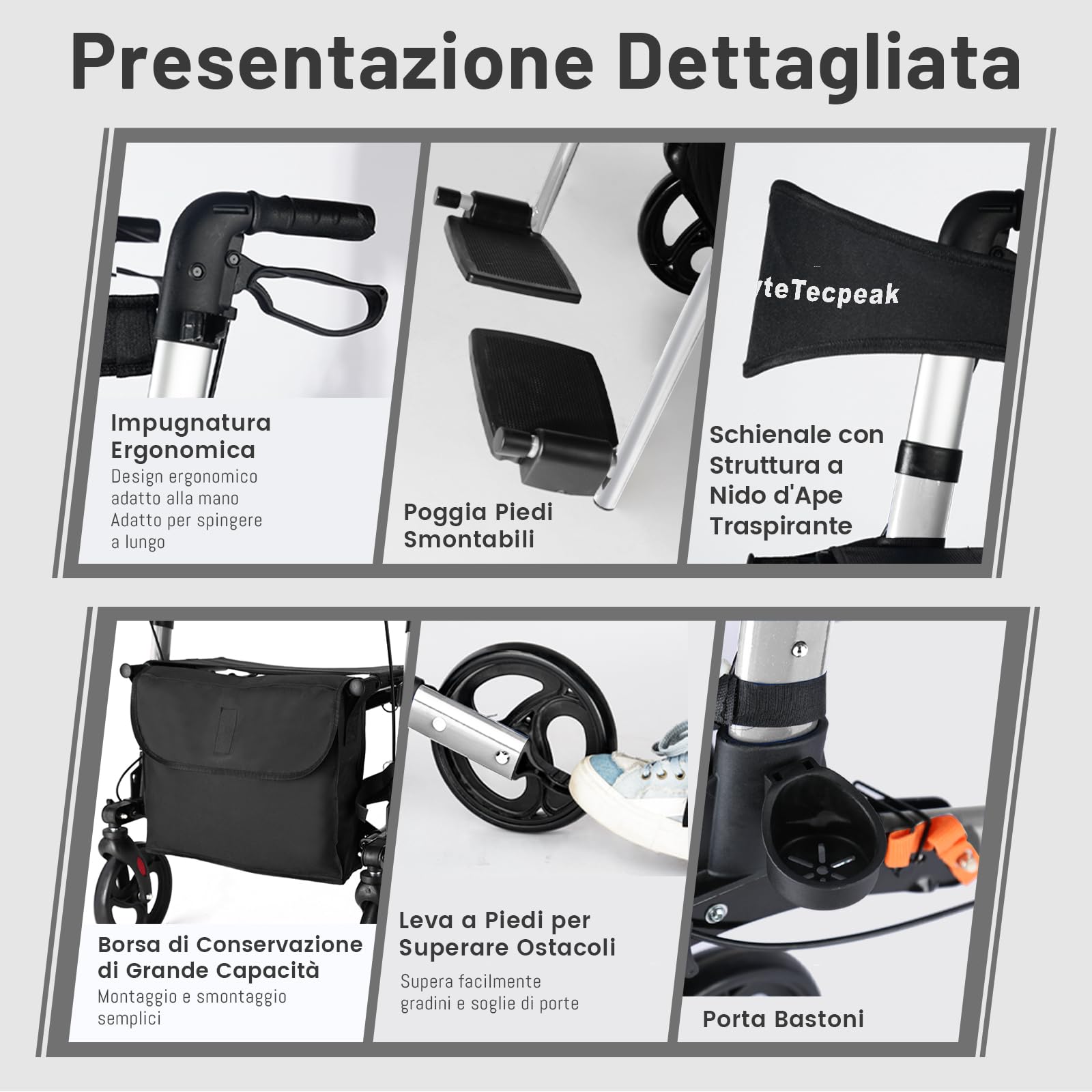 R3 Deambulatore leggero 2 in 1 e sedia a rotelle– Carrello pieghevole regolabile in altezza ed ergonomico, con funzione sedia a rotelle per interni ed esterni, con custodia (Argento)
