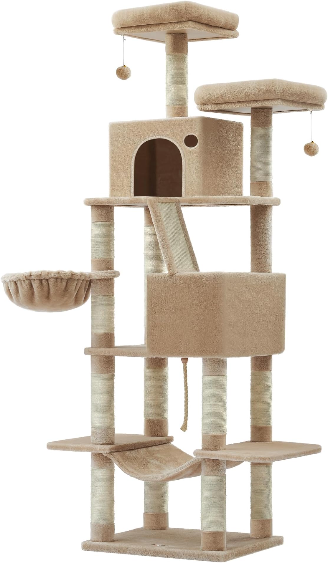 Cat Tree, 206 cm Large Cat Tower Condo with 13 Scratching Posts, 1 Scratching Ramp, 2 Perches, 2 Caves, Basket, Hammock, Pompoms, Camel Brown PCT190K01V1