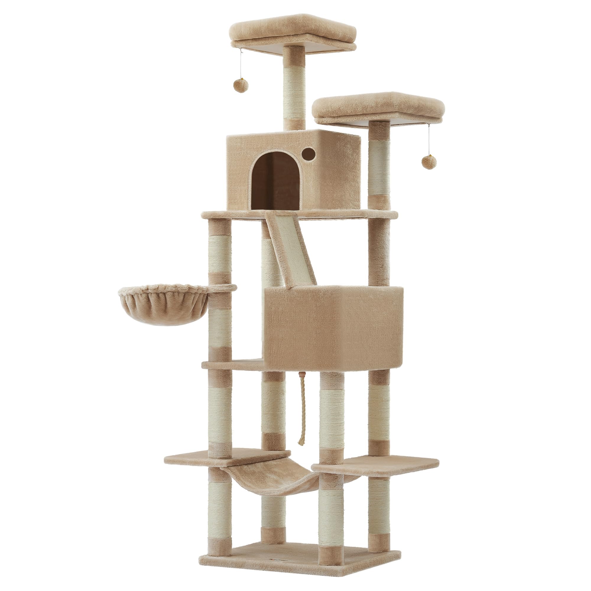 Feandrea Cat Tree, 206 cm Large Cat Tower Condo with 13 Scratching Posts, 1 Scratching Ramp, 2 Perches, 2 Caves, Basket, Hammock, Pompoms, Camel Brown PCT190K01V1