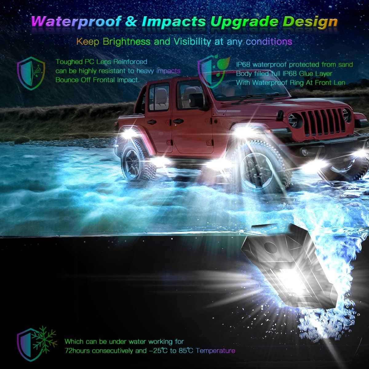 LEDMIRCY R4 RGBW Rock Lights with Bluetooth APP Control Multicolor LED Rock Light RGBW 4 Pods Kit Flashing Music Brake Mode for Trucks ATV UTV SUV Underglow Trail Rig Lights Under Body Waterproof