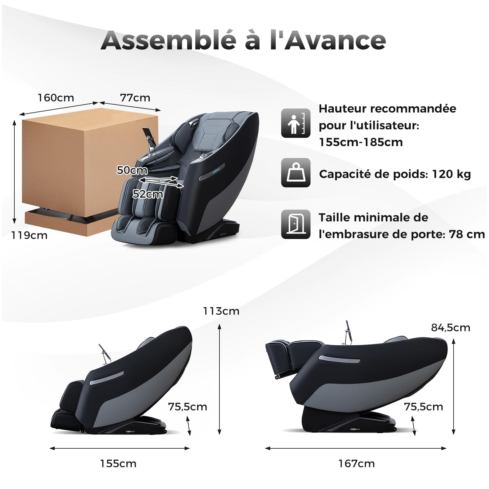 COSTWAY Fauteuil de Massage Électrique, Fauteuil de Massage Inclinable Rail SL avec 12 Modes Automatiques 5 Techniques de Massage Chauffage et Rouleaux Télécommande Haut-Parleur (Noir)