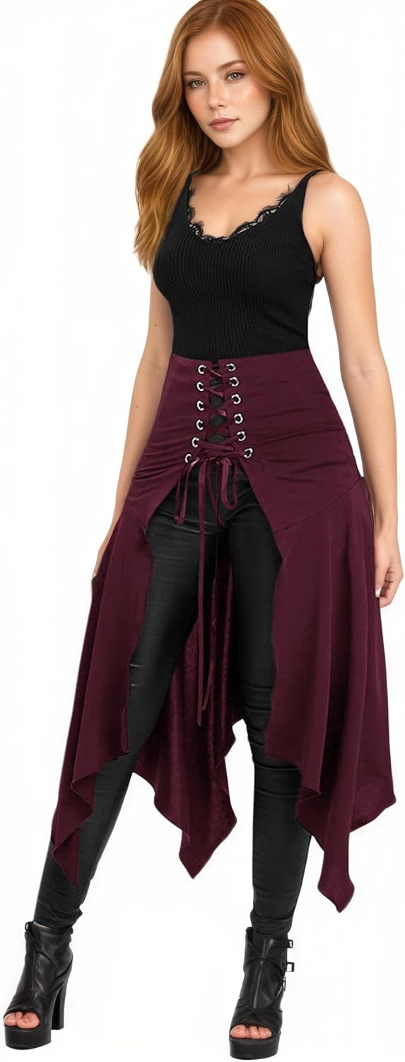 Greenery-GRE Womens Victorian Pirate Corset Skirt Asymmetric High Waist Lace Up Gothic Renaissance Halloween Cosplay Costume