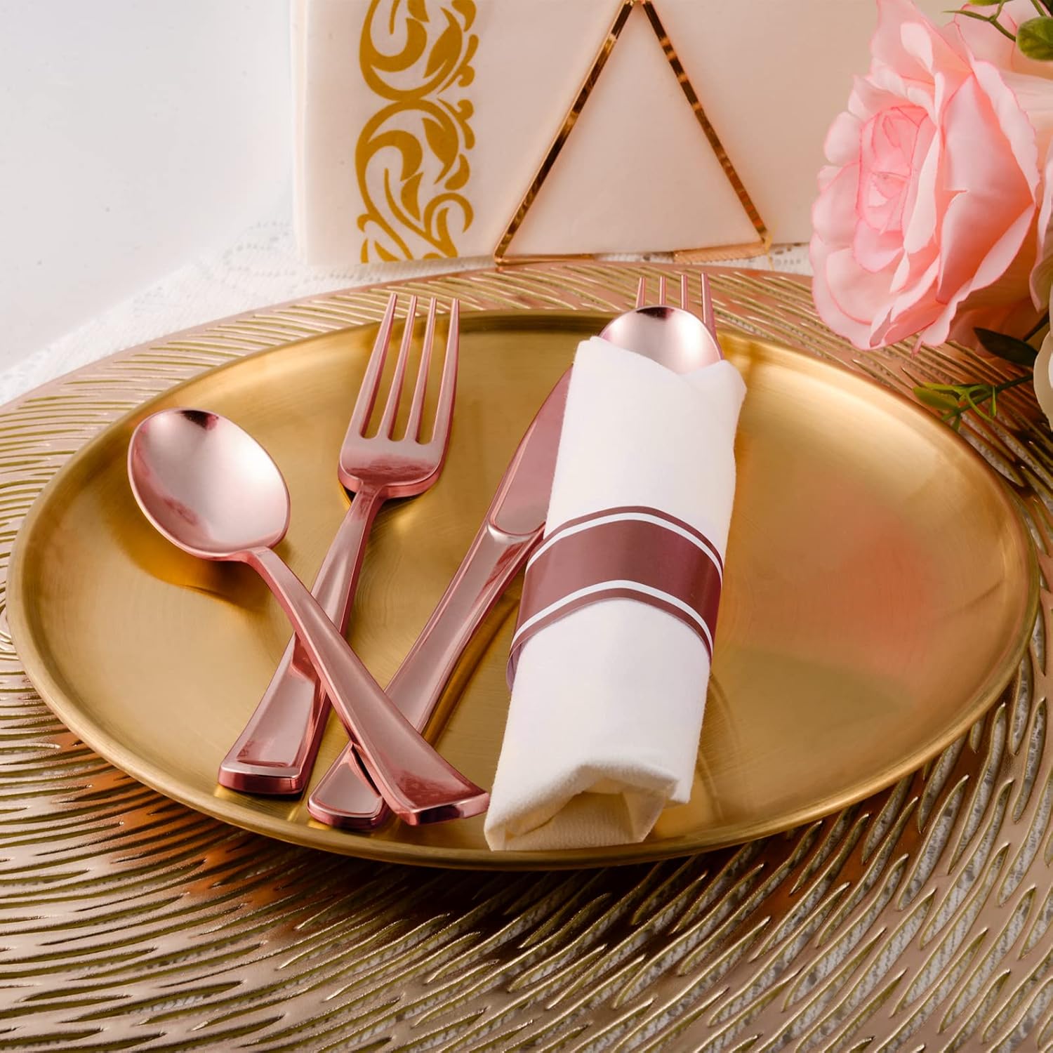 100Pack Rose Gold Disposable Plastic Silverware with Napkins - Pre Rolled Plastic Cutlery, Wrapped Party Silverware, Rolled Disposable Utensils with 100 Forks Knives Spoons Dinner Napkins for Party