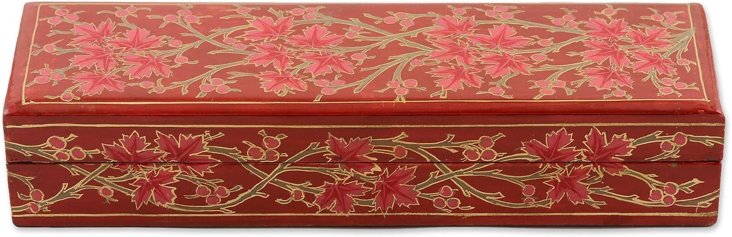 NOVICA Multicolor Red Papier Mache Wood Hand Painted Office Accessories from India 'Chinar Pride in Red'
