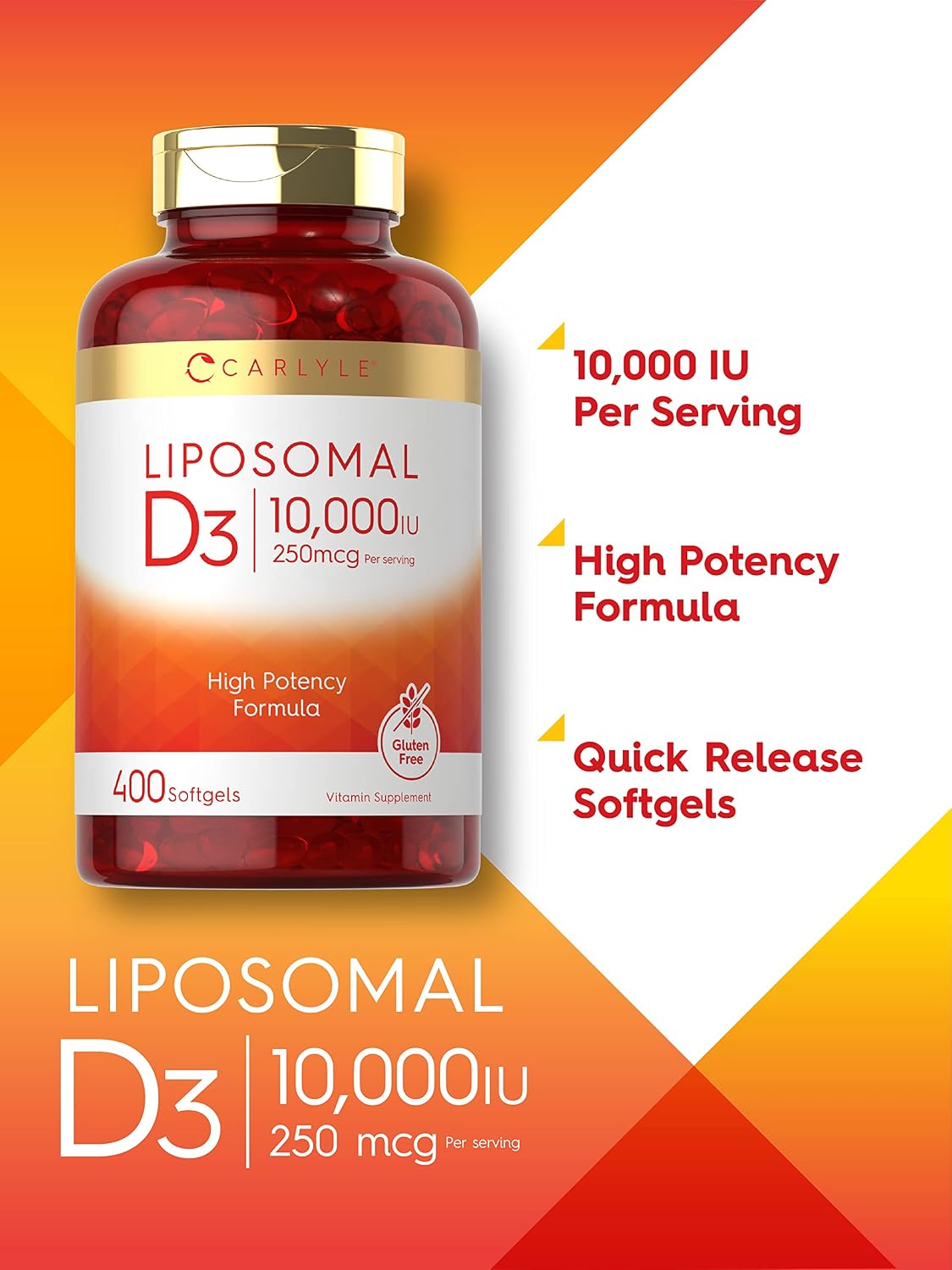 Carlyle Liposomal Vitamin D3 | 10,000 iu | 400 Softgels | Non-GMO and Gluten Free Formula | High Potency Vitamin D Supplement