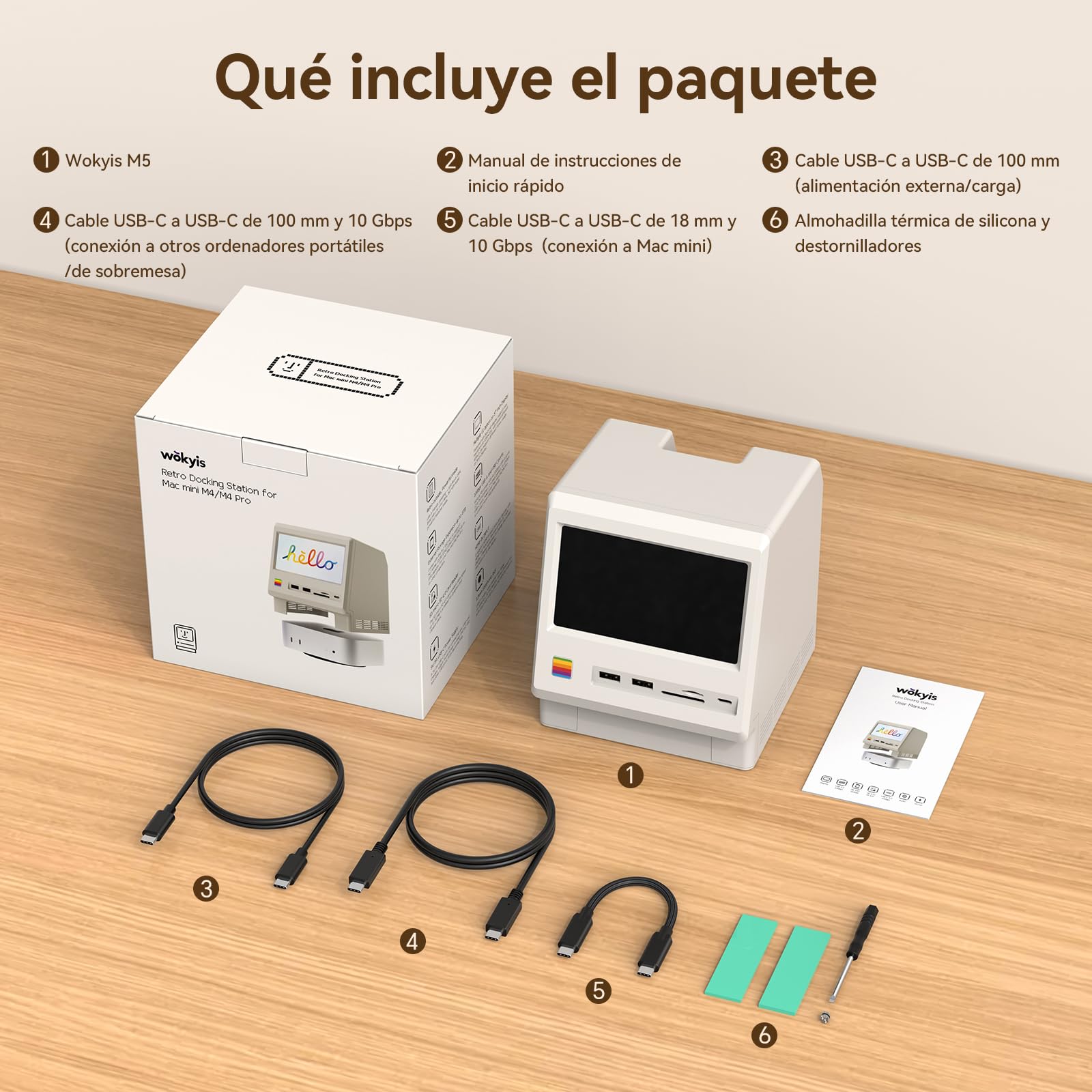 Estación de acoplamiento retro M5 para Mac mini M4, pantalla HD de 5 pulgadas, carcasa SSD M.2 NVMe de 10 Gbps, lector SD/Micro SD 4.0, 4 USB-A, 1 USB-C de 10 Gbps, conector de auriculares de