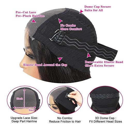 Miniatura 3 de Wear and Go - Peluca sin pegamento para principiantes, pelucas con cierre de encaje HD de 5 x 5, pelucas de cabello humano sin pegamento, pelucas de