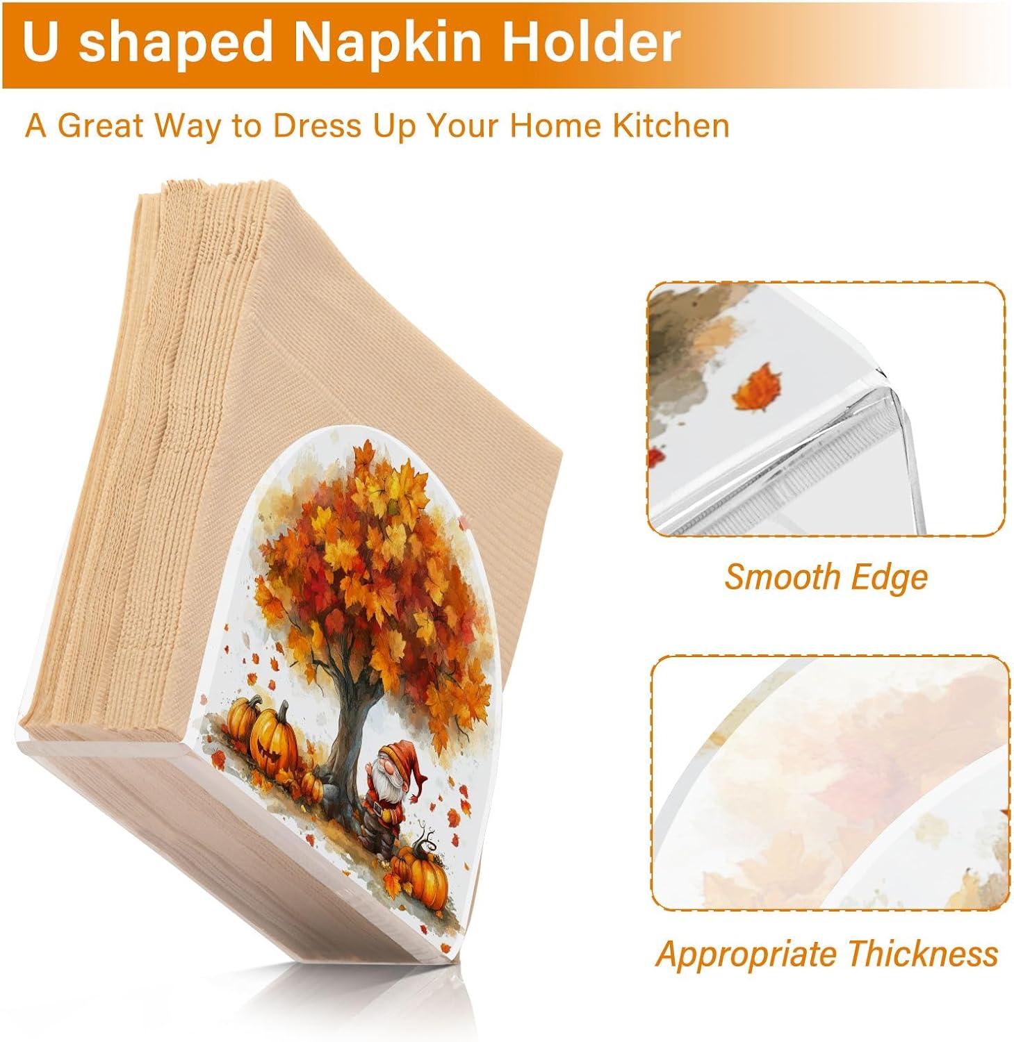 Fall Maple Leaves Pumpkins Gnome Napkin Holder, Acrylic Napkin Holders for Table Cocktail Napkins Dispenser Paper Stand for Home Kitchen Restaurant Bar, 1 Pc