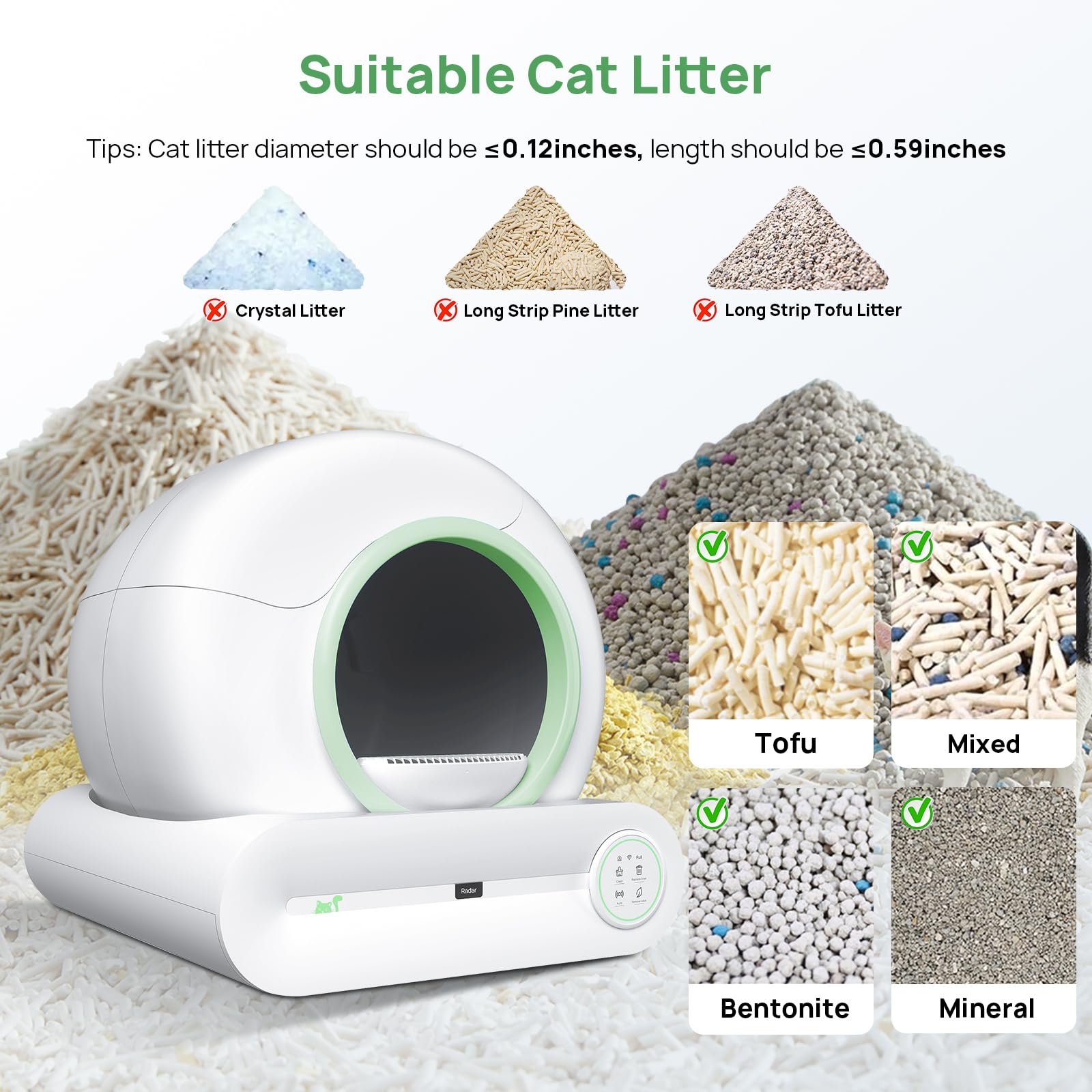 Lettiera elettrica autopulente per gatti, 65 L + 9 L, con ingresso basso, per più gatti, pulizia automatica con app, verde
