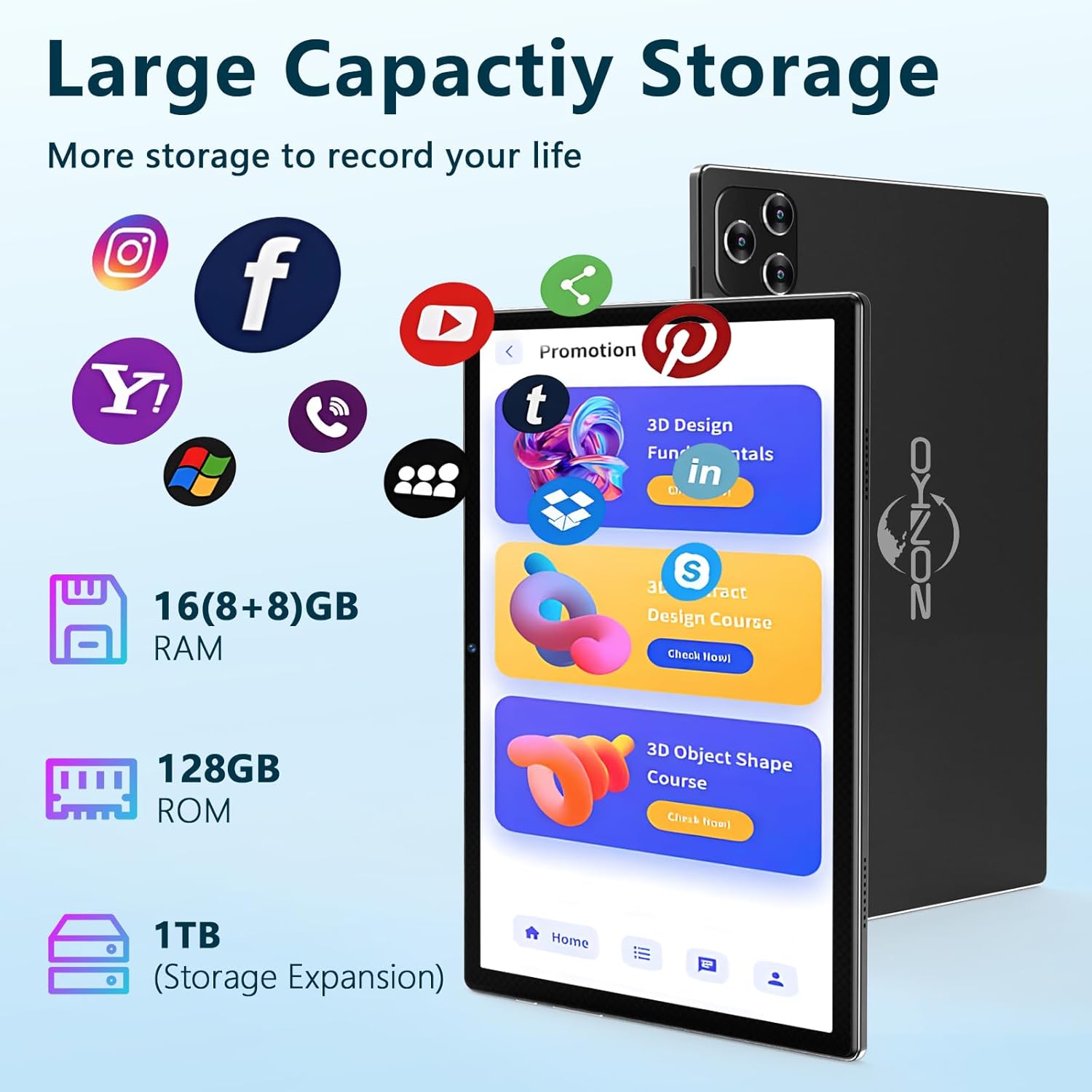 MEIZE D116 Tablet storage capacity with 16GB RAM, 128GB ROM, and 1TB expansion