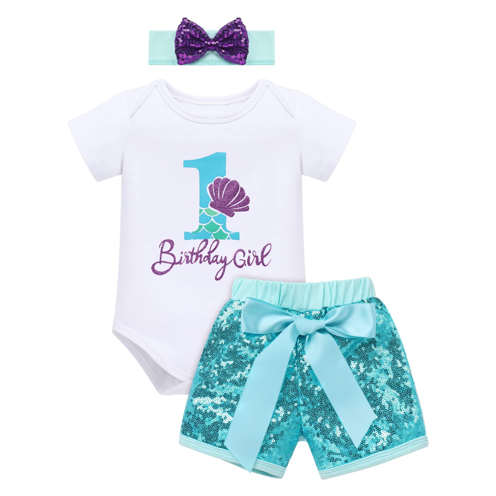 IMEKISToddler Baby Girls Melon Birthday Outfit Rainbow Romper Shirt + Shiny Shorts + Headband Kids Cake Smash Clothes 1-5T