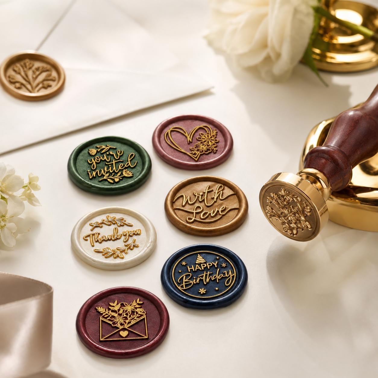 SWANGSA Blessing - Juego de sellos de cera para regalo, 6 cabezales de sello de sellado vintage + 1 mango de madera, kit de sellos de cera para invitaciones de fiesta, sobres, tarjetas y embalaje de