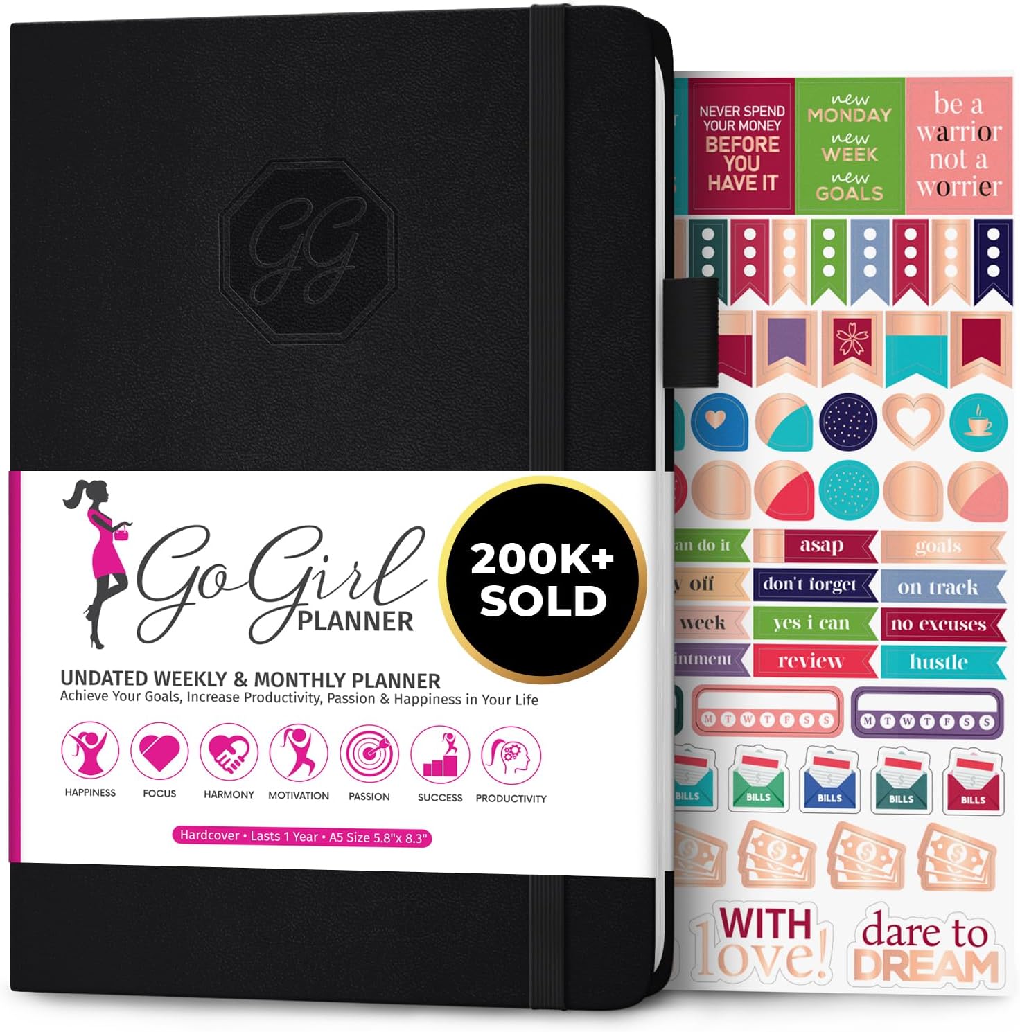 GoGirl Planner and Organizer for Women – A5 Size Weekly Planner, Goals Journal & Agenda to Improve Time Management, Productivity & Live Happier. Undated – Start Anytime, Lasts 1 Year – Black