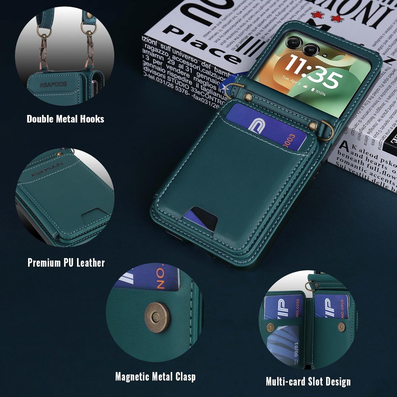 ASAPDOS for Motorola Razr 2025/2024 Wallet Case - 5 Card Slots RFID Blocking | Detachable Crossbody Strap & Wristlet | Snap Magnetic Cover | Shockproof PU Leather Blue Green