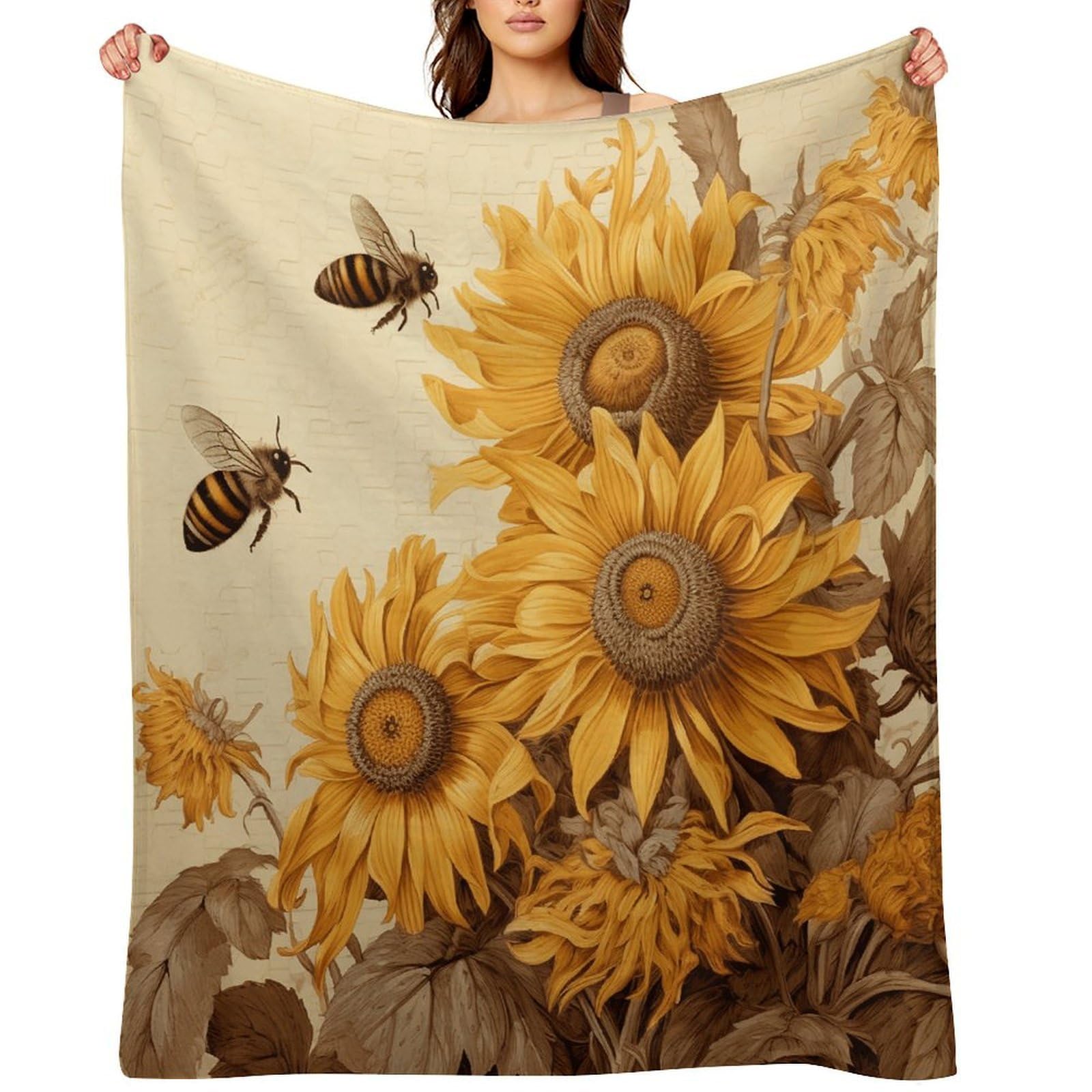 Bees and Sunflowers on Old Paper Throw Blanket for Couch and Bed Super Soft Warm Lightweight Throw Blankets Cozy Fuzzy Flannel Blanket Personalized Decorative Blankets for Sofa Decor 30"x40"