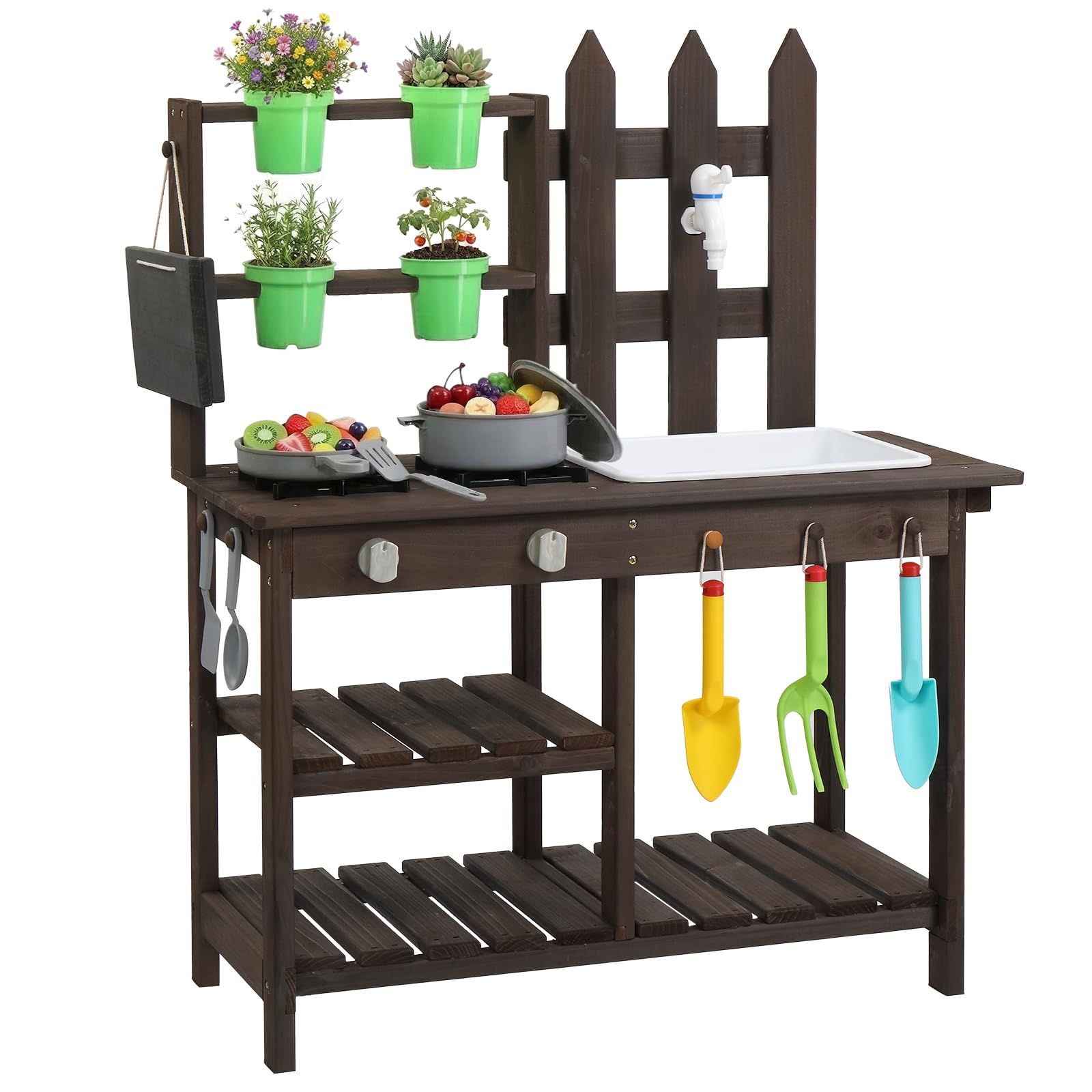 LALAHO Matschküche Outdoor, Gartenspielküche mit Spüle, Blumentopf & Wasserhahn, Kinderküche mit Herd, Spielküche geeignet für Kinder ab 3 Jahren, Dunkelbraun