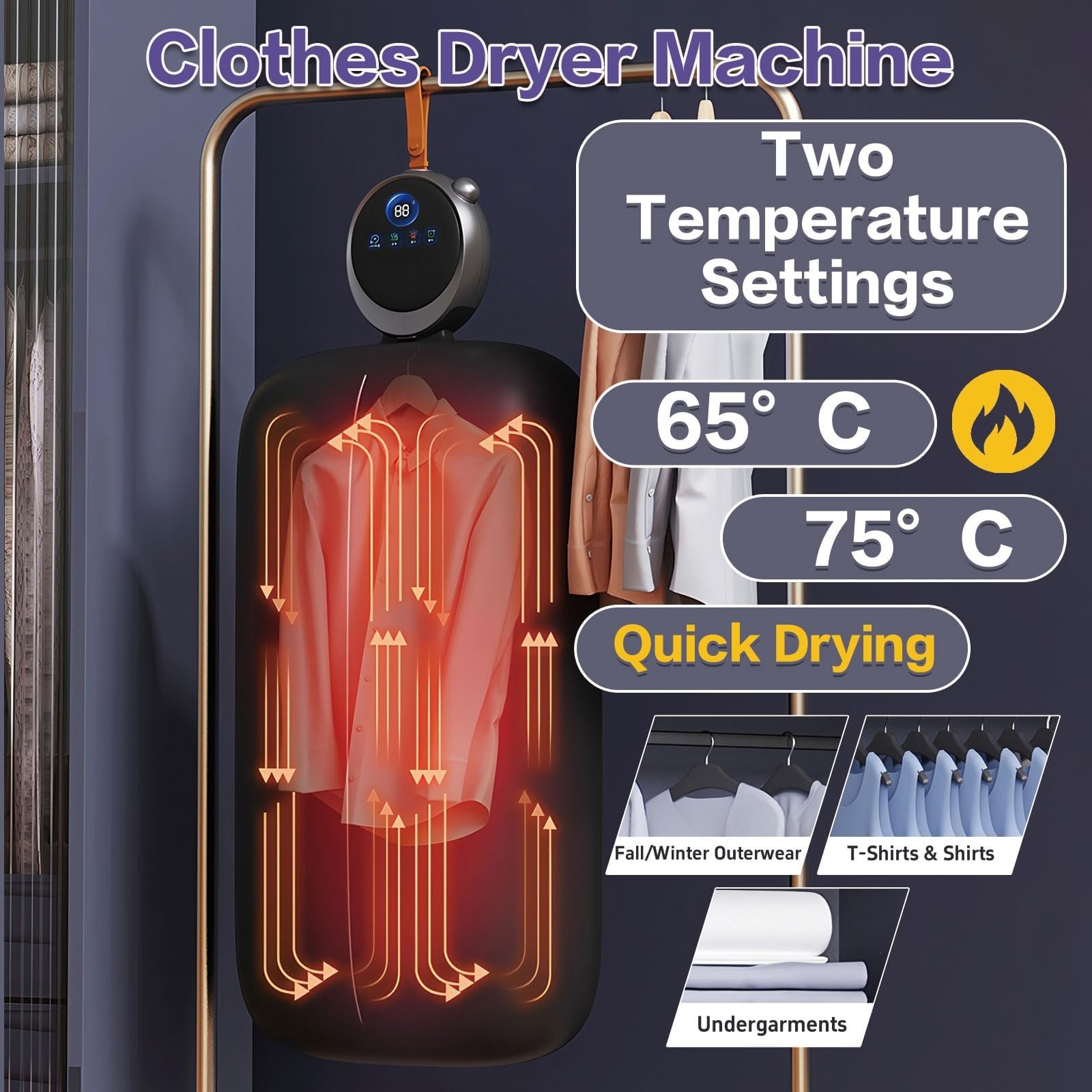 Secadora Portátil Con Tecnología De Aire Caliente De 360° Y Bolsa Seca, Ajuste De Temperatura De 65℃/75℃, Minisecadora De Ropa Con Temporizador De 9 Horas, Funcionamiento Silencioso