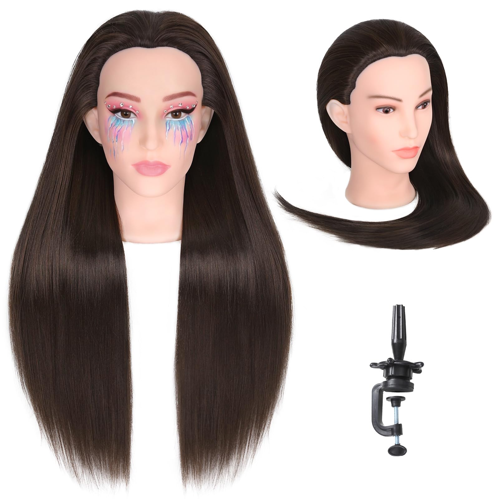 WIGNEE Cosmetology Mannequin Kopf mit realistischem Gesicht – Hitzebeständiges synthetisches Haar für die Stylingpraxis, Make-up-freundlicher Trainingskopf mit geringem Shedding, 28 Zoll (4)