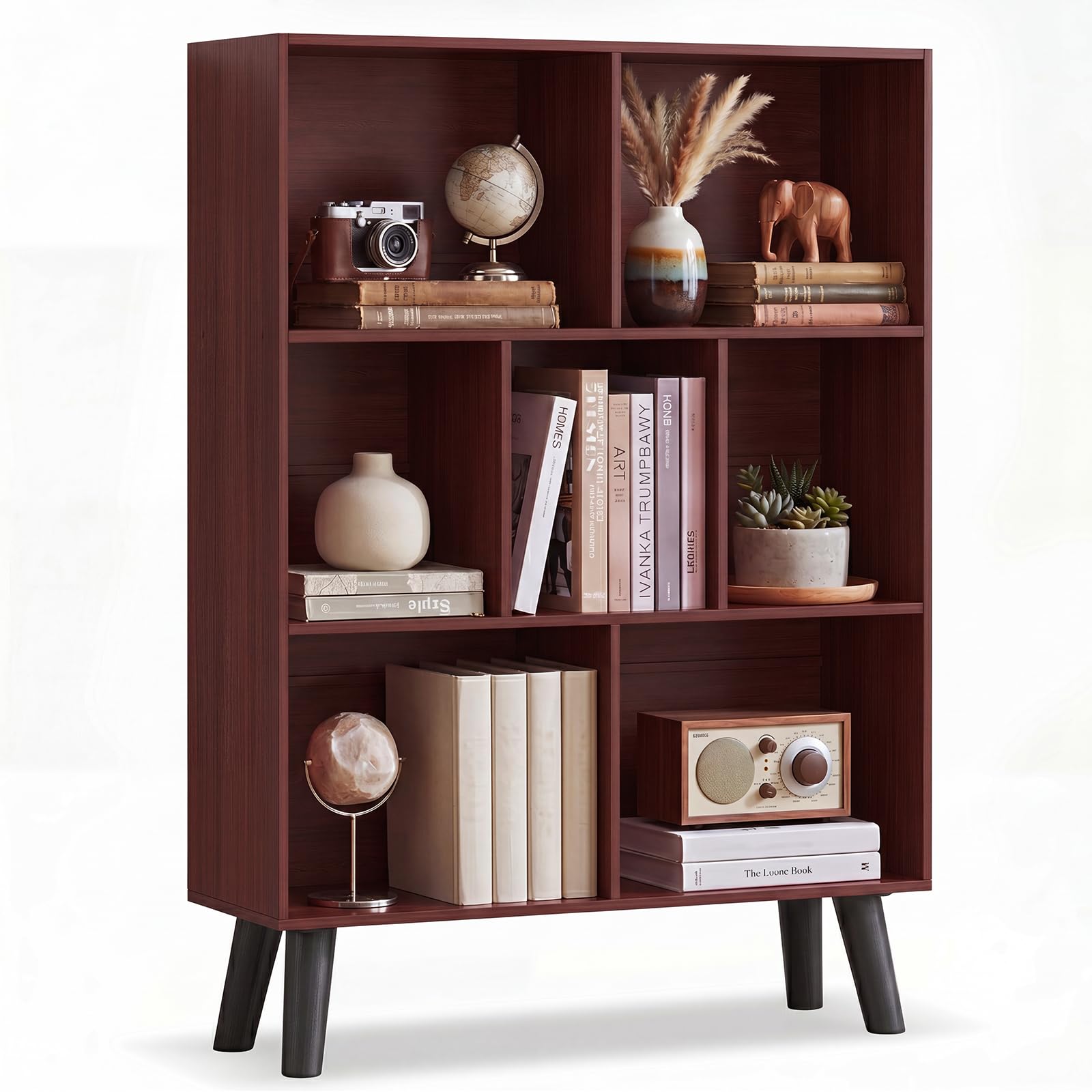 YAHARBO Walnut Bookshelf,3 Tier Book Shelf with Legs, 7 Cube Minimalist Bookcase,Storage Organizer Shelves Display Bookcases for Bedroom,Living Room