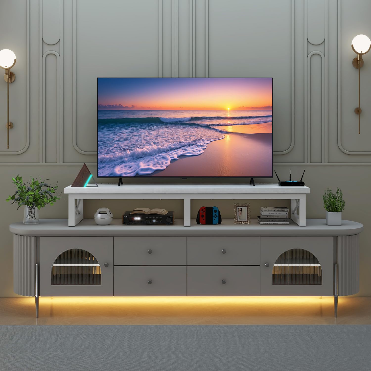 IBUYKE 32-60" Mueble TV,Mesa Televisión Estrecha con 2 balda,Doble Pantalla de Escritorio de Oficina,Mueble de TV para Hogar,Dormitorio,Sala de Estar,Blanco TVT002W