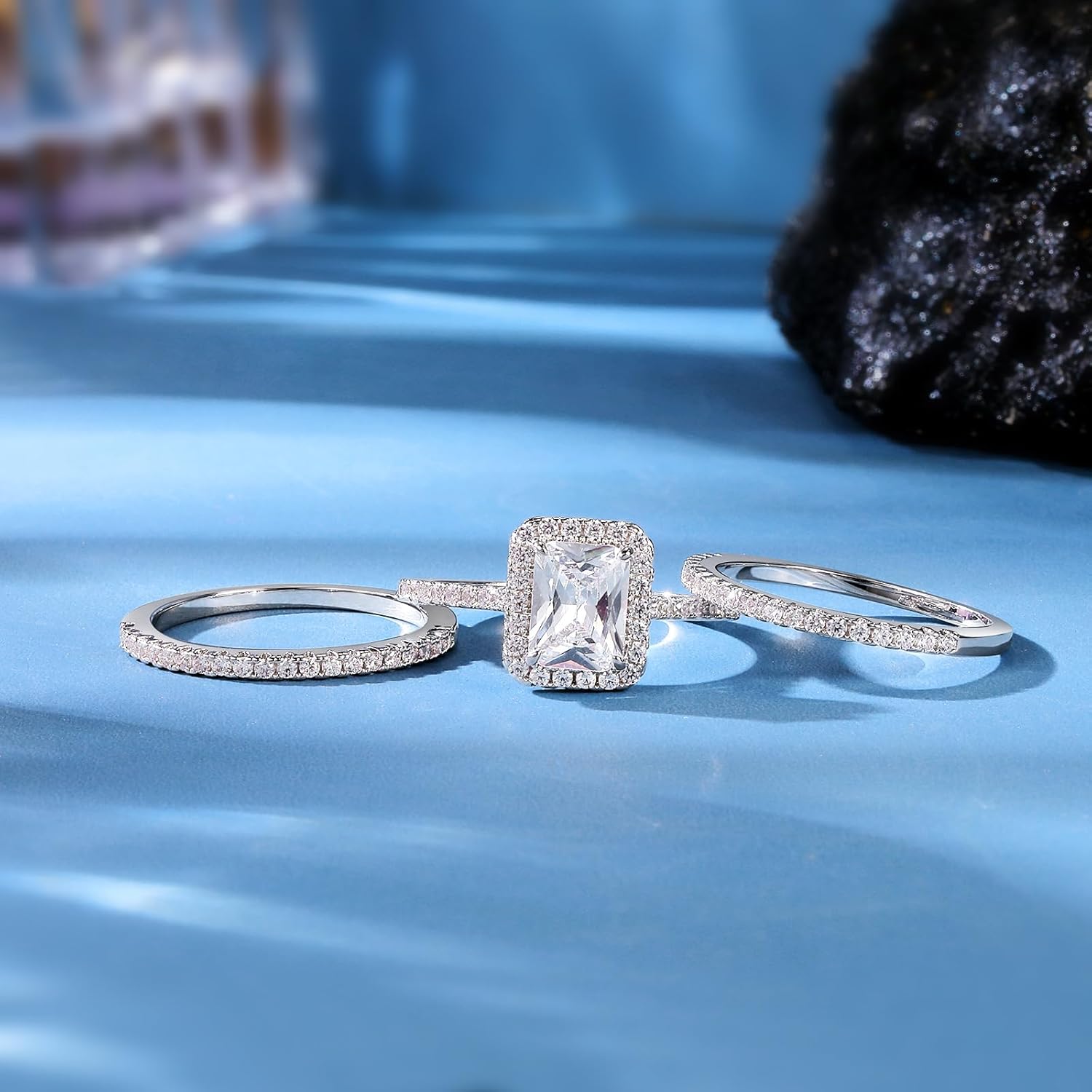 MDFUN 18K White Gold Plated Three-in-one Emerald Cut Cubic Zirconia Promise Wedding Engagement Rings Set Eternity Bands for Women Size 5-10 - Image 3