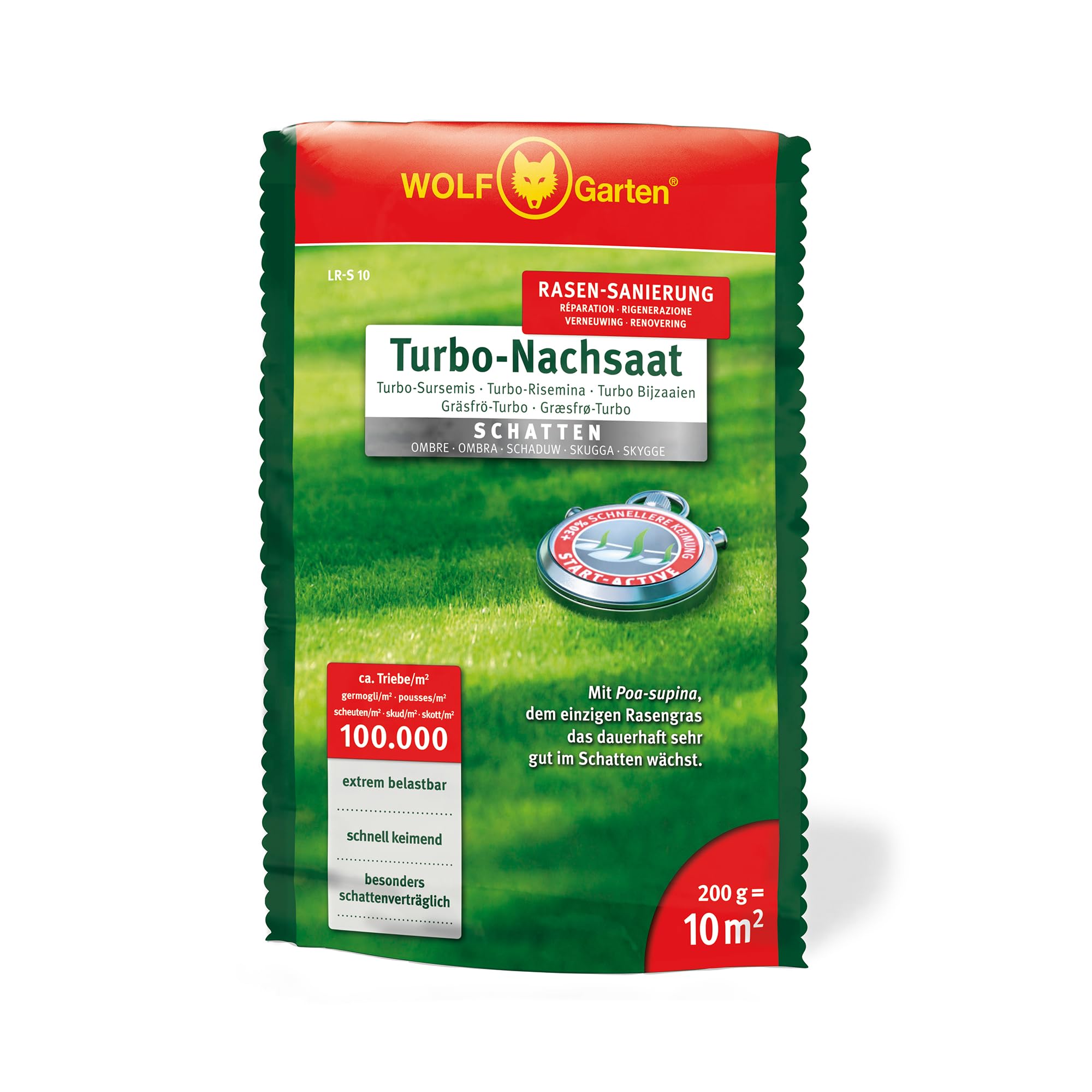 WOLF-Garten Turbo-Nachsaat „SCHATTEN“ zur Rasensanierung LR-S 10 (für 10 m², hohe Dichte mit ca. 100.000 Trieben/m², speziell auf schattige Lagen, mit WOLF-Garten Keimgarantie, 200g) 3826610