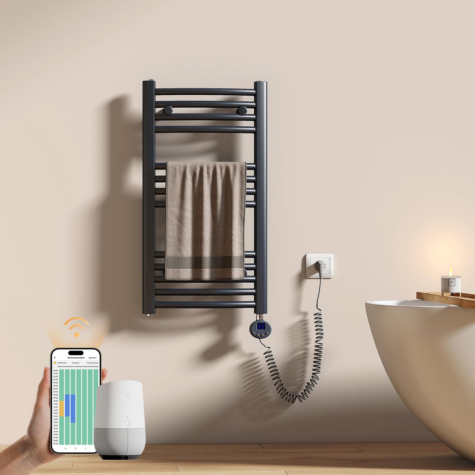 EMKE Toallero Eléctrico Baño con WiFi Termostato, 75 x 40 cm, Antracita | Radiador Curvado con WiFi Termostato,Toallero Electrico Baño, ,secador de Toallas electrico para baño, 300 Watts