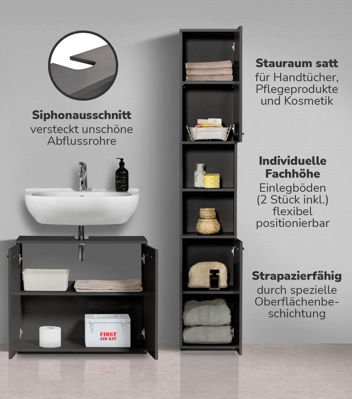mokebo Badmöbel Set 'Der Steuermann' (2-teilig) Made in Germany, Badezimmer Set aus Holz in Anthrazit-Schwarz, Komplettset mit Waschbeckenunterschrank & Hochschrank, Badmöbel Garnitur