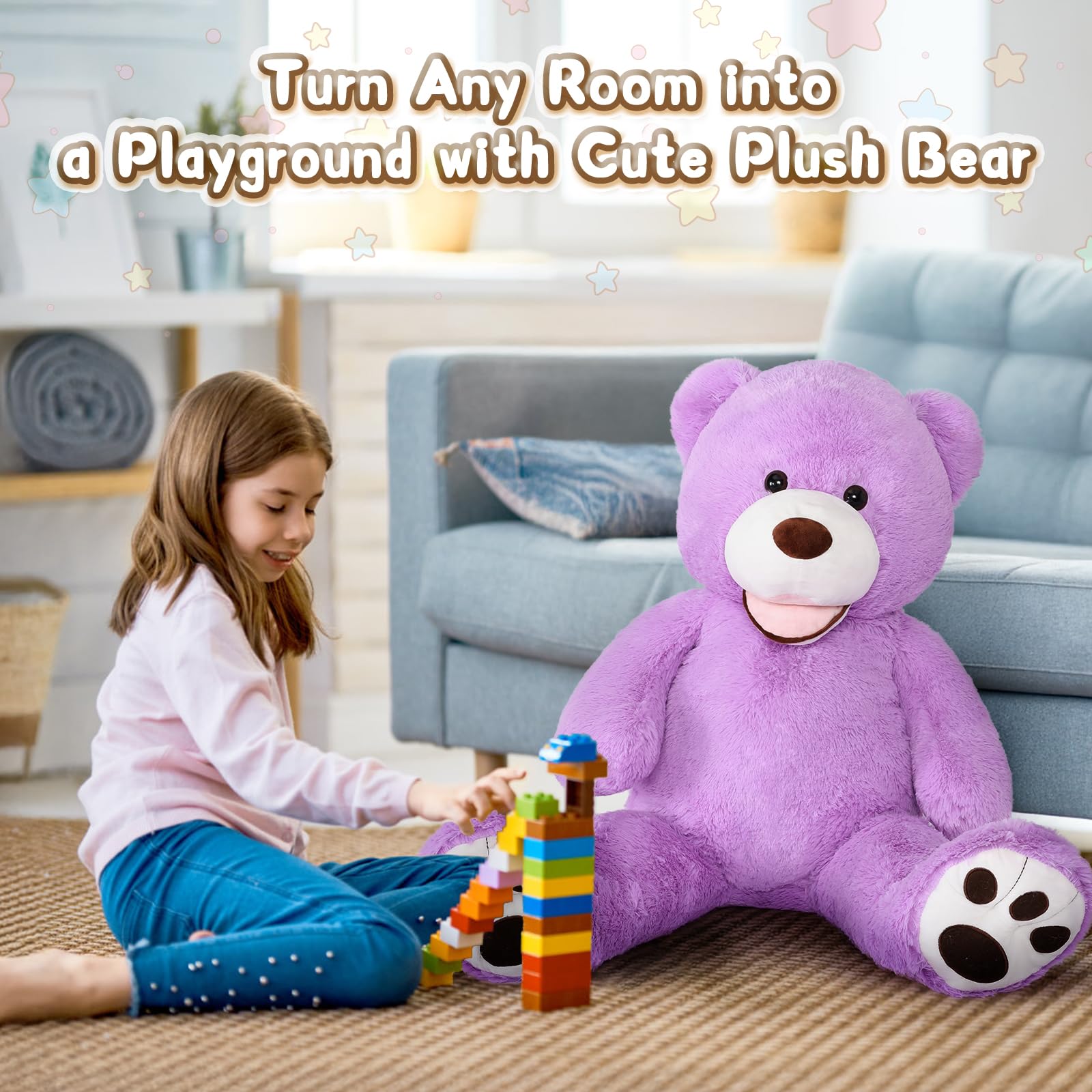 MorisMos Giant Teddy Bear, 39inch Large Stuffed Animals with Big Footprints Plush Stuffed Bears Gift for Kids, Purple