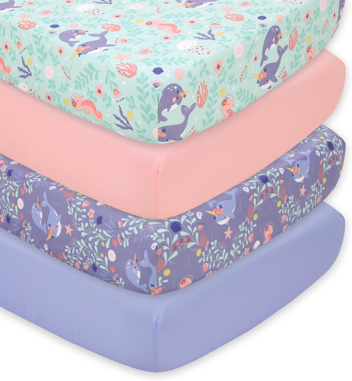 The Peanutshell 4-Pack Fitted Crib Sheet Set - Super Soft & Breathable Baby Girl Crib Sheets, Nursery Decor, Fit for Standard Mattress Cover- Ocean Girl