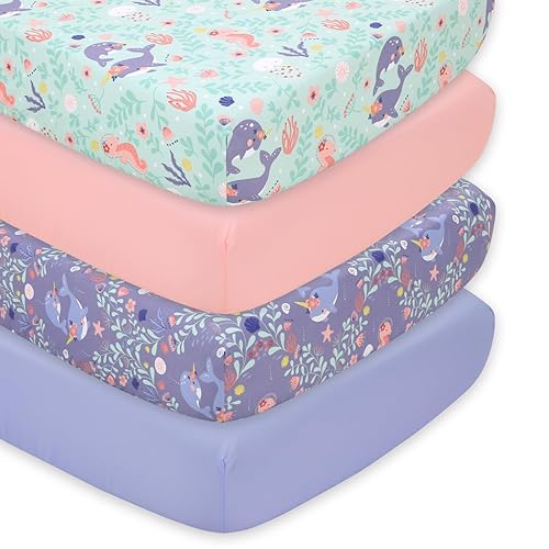 The Peanutshell 4-Pack Fitted Crib Sheet Set - Super Soft & Breathable Baby Girl Crib Sheets, Nursery Decor, Fit for Standard Mattress Cover- Ocean Girl