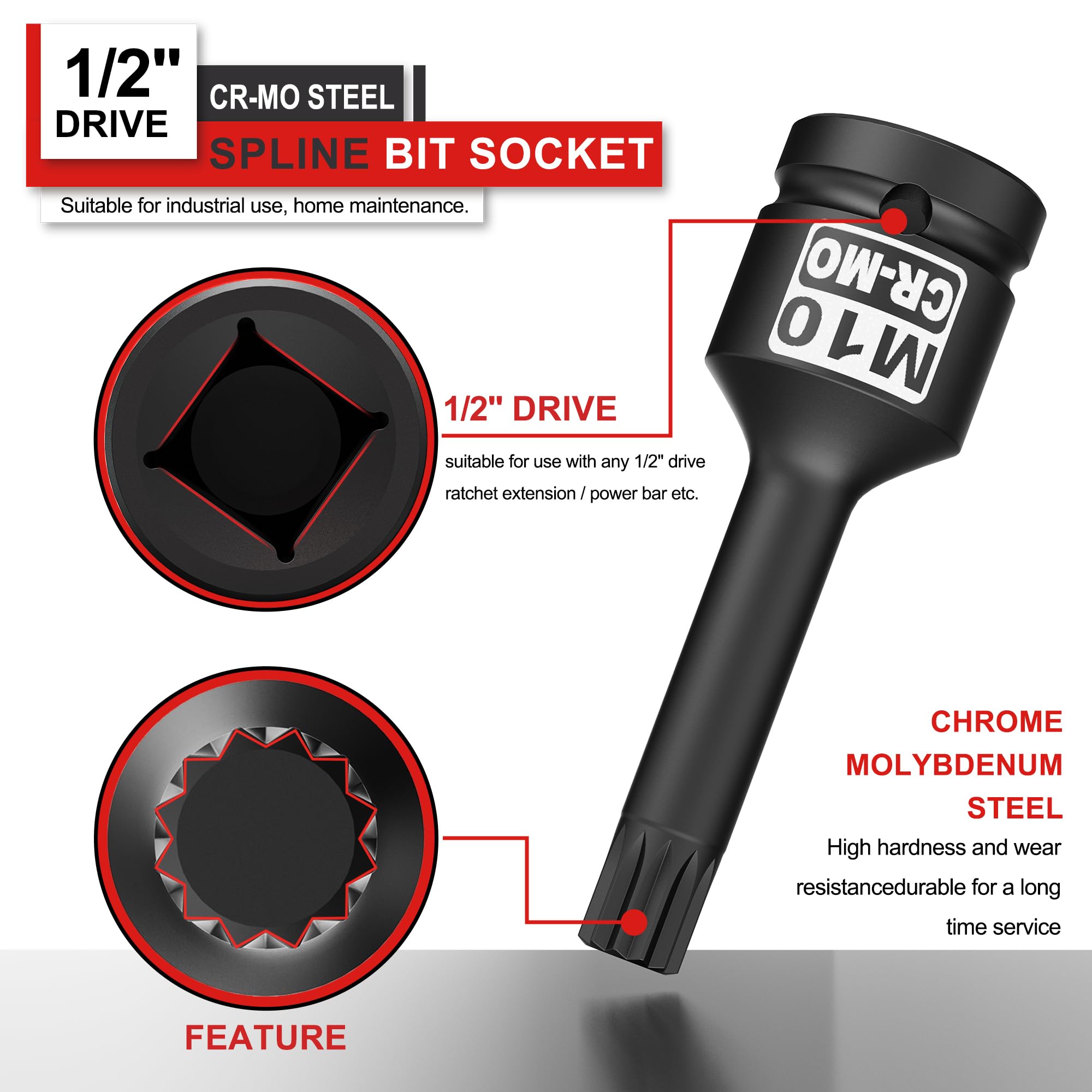 KIRXST Impact Triple Square Spline Bit Socket, 1/2" Drive M10 Spline Bit Socket, CR-MO Steel, 1/2" M10 Deep - Image 3