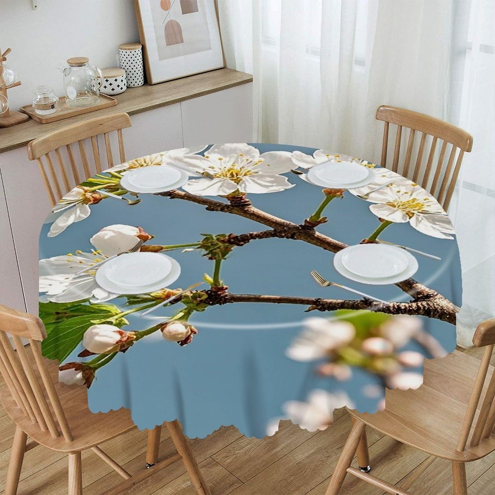 FekiLoot Cherry Blossom Tree Branch Round Tablecloth 60 Inch Waterproof Heavy Duty Table Cloth Spillproof Washable Table Cover Wrinkle Resistant Tablecloths Decorative Table Cloths