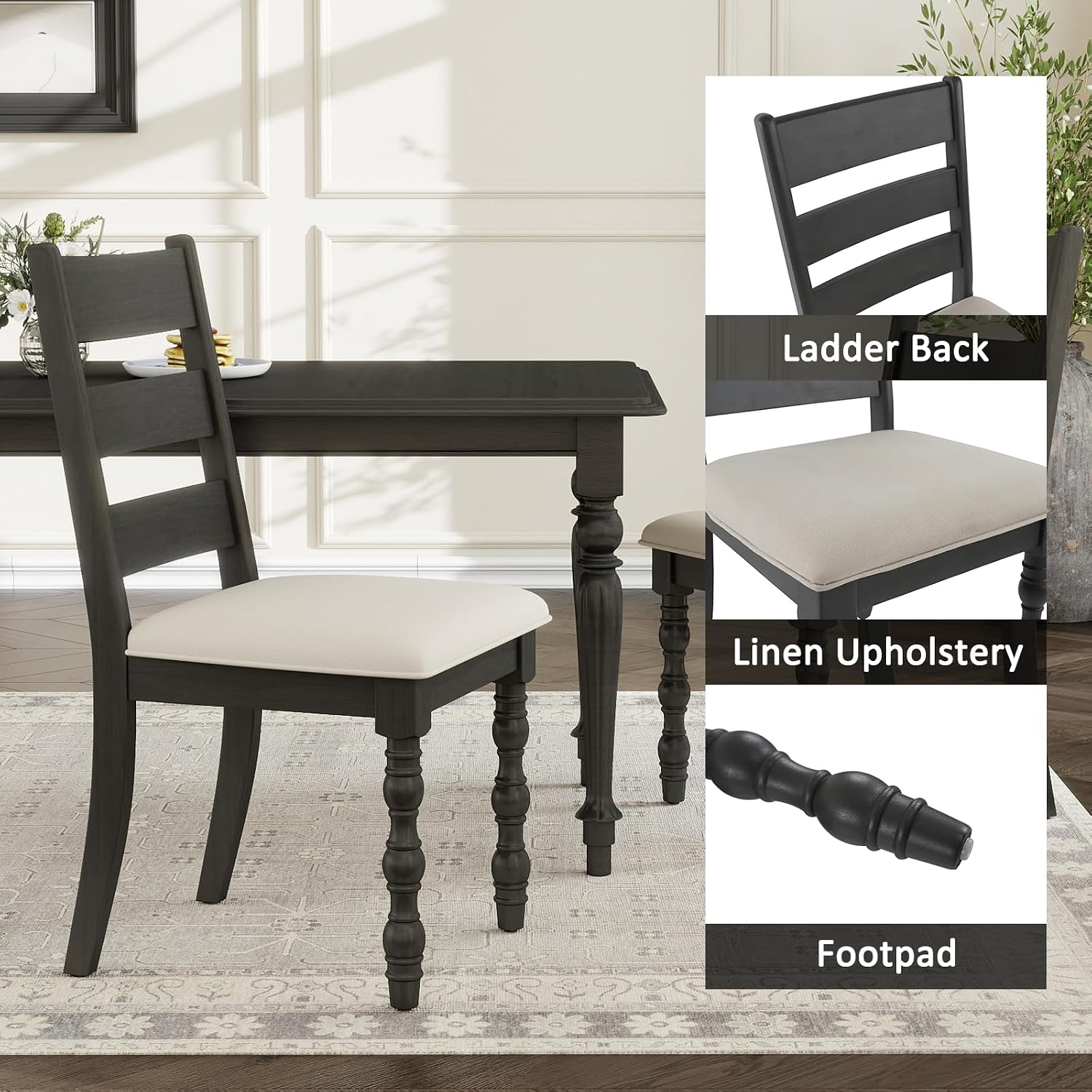 Kmax Farmhouse Dining Chairs Set of 2, Rustic Upholstered Ladder Back Kitchen Chair, Natural Wood Acent Chair with Spiral Column-Legs for Dining Room Restaurant, Dark Gray Frame & Beige Seat
