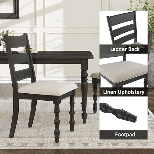 Miniatura 3 de Kmax Juego de 2 sillas de comedor estilo granja, silla de cocina rústica tapizada con respaldo de escalera, silla de madera natural con patas de