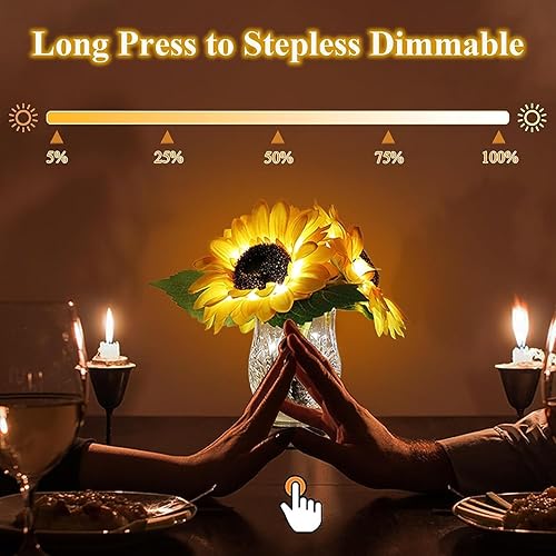 Miniatura 4 de Lámpara de mesa de girasol, plantas artificiales LED con florero de cristal, luz nocturna recargable por USB, lámpara de escritorio regulable sin