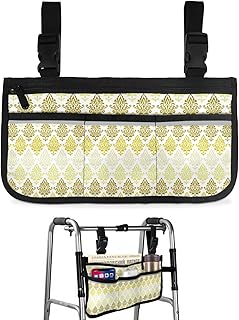 Yellow Floral Pattern Wheelchair Side Bag Walker Bag, Ombre Luxurious Flowers Wheelchair Accessories Armrest Pouch, Organizer Storage Bag for Walkers, Rollators, Scooters, 7.3'x13'