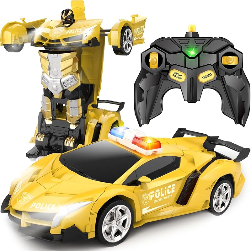 Transformar juguetes de auto de control remoto para niños de 4 a 6 años, auto de policía RC amarillo | auto transformable, regalo para niños de 4 a 12 años, transformación con un solo botón, deriva de rotación de 360°, escala 1:18 de 2,4 GHZ, auto de juguete robot