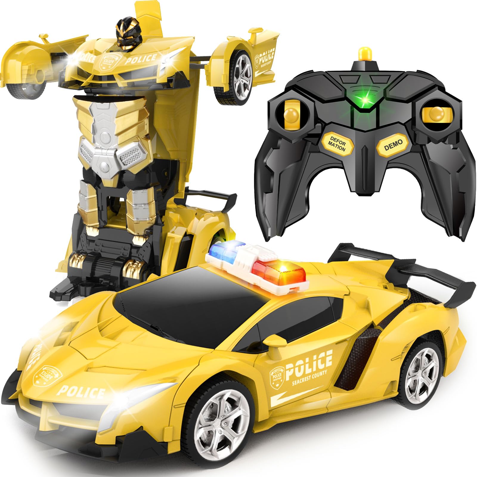 Britik Toys for Kids 3-8 Year Old: Transforming Remote Control Police Car Toys Gifts for Boys Age 3 4 5 6 7 8 Birthday Presents Toy for Toddler Transformable 2 in 1 Robot RC Car Toy-Yellow
