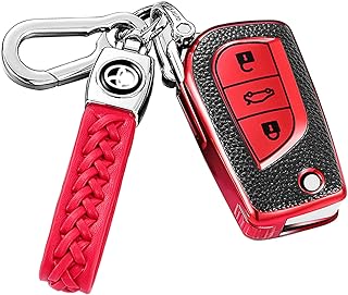 LORYVAN for Toyota Key Fob Cover Soft TPU 360 Degree Protection Key Case with Leather Keychain for Toyota, A-red,