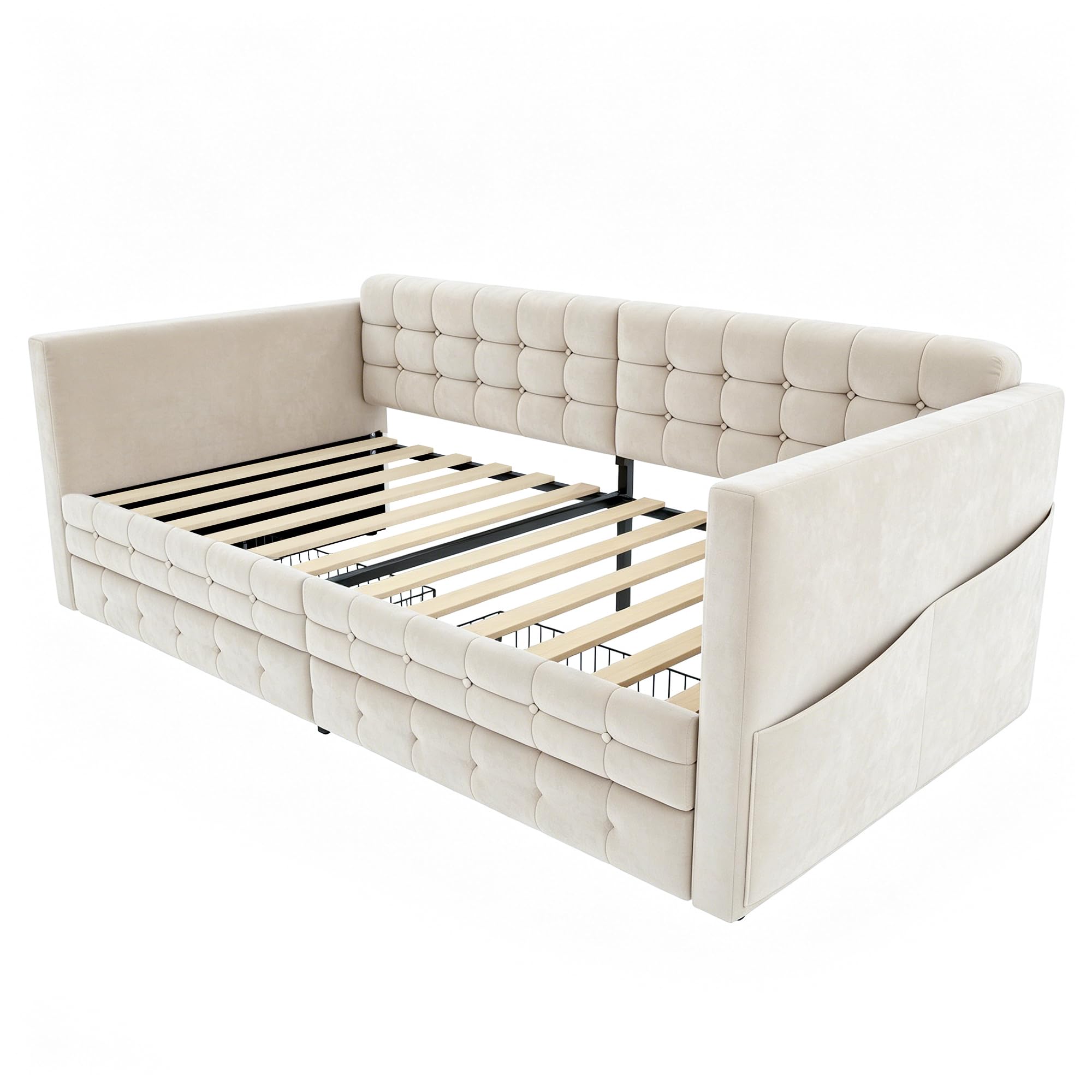 Estructura de Sofa Cama Individual 90x190cm Cama Tapizada con 2 Cajones Mueble Dormitorio Base de Cama Somier Madera Bolsillos Laterales Habitacion Invitados Terciopelo Beige