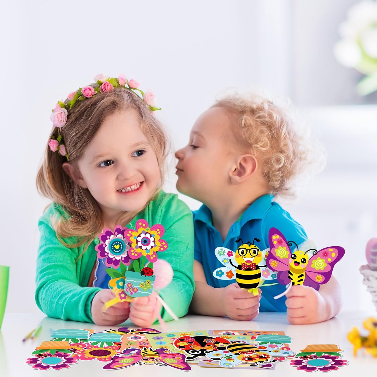 Pasimy 48 Packs Spring Craft Kits for Kids Flower Craft Kit Bug Craft Kits Spring Make Your Own Butterflies Paper Craft Set Spring DIY Craft Kits for Home Class Game Activities Kindergarten