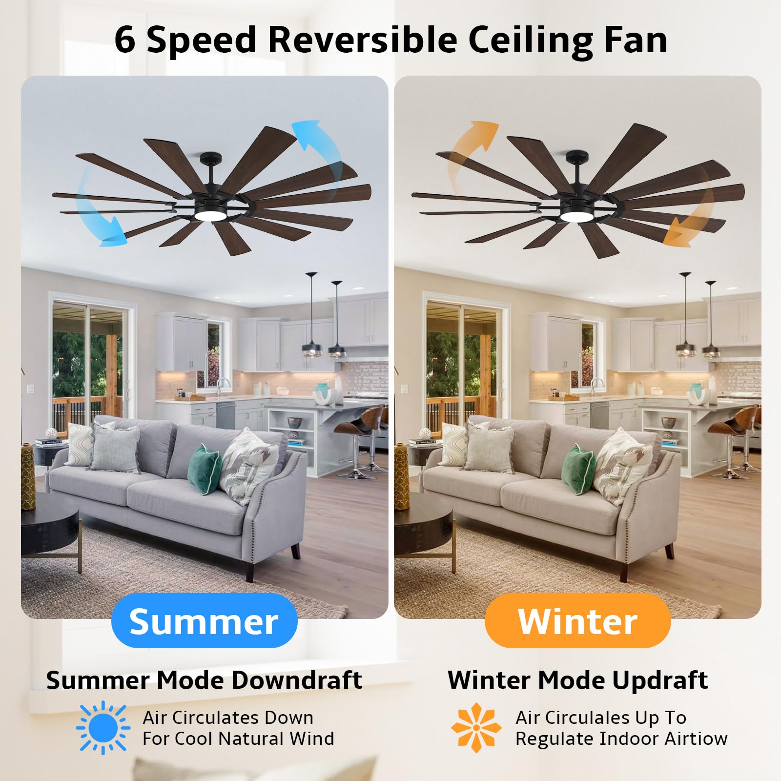 62 Outdoor Farmhouse Ceiling Fan with Lights 12 Blades Dual-Finish Wind Mill Fan 3 Downrods 6-Speed Reversible DC — view 6