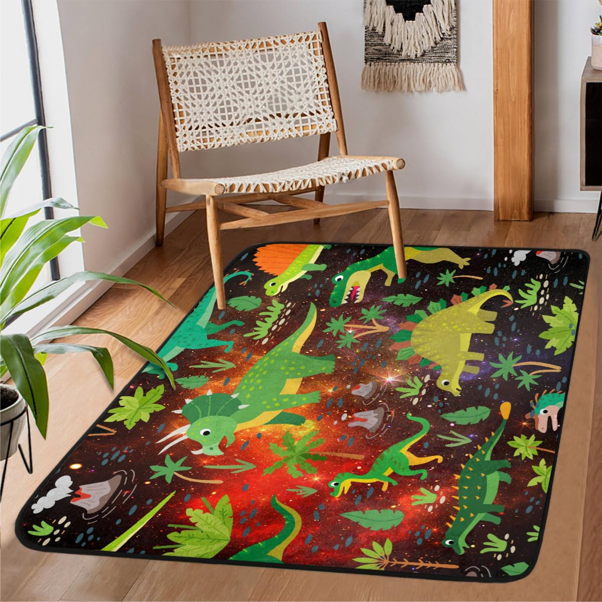 Grand tapis antidérapant salon chambre enfant 122x160 motif dinosaure galaxie tapis de jeu