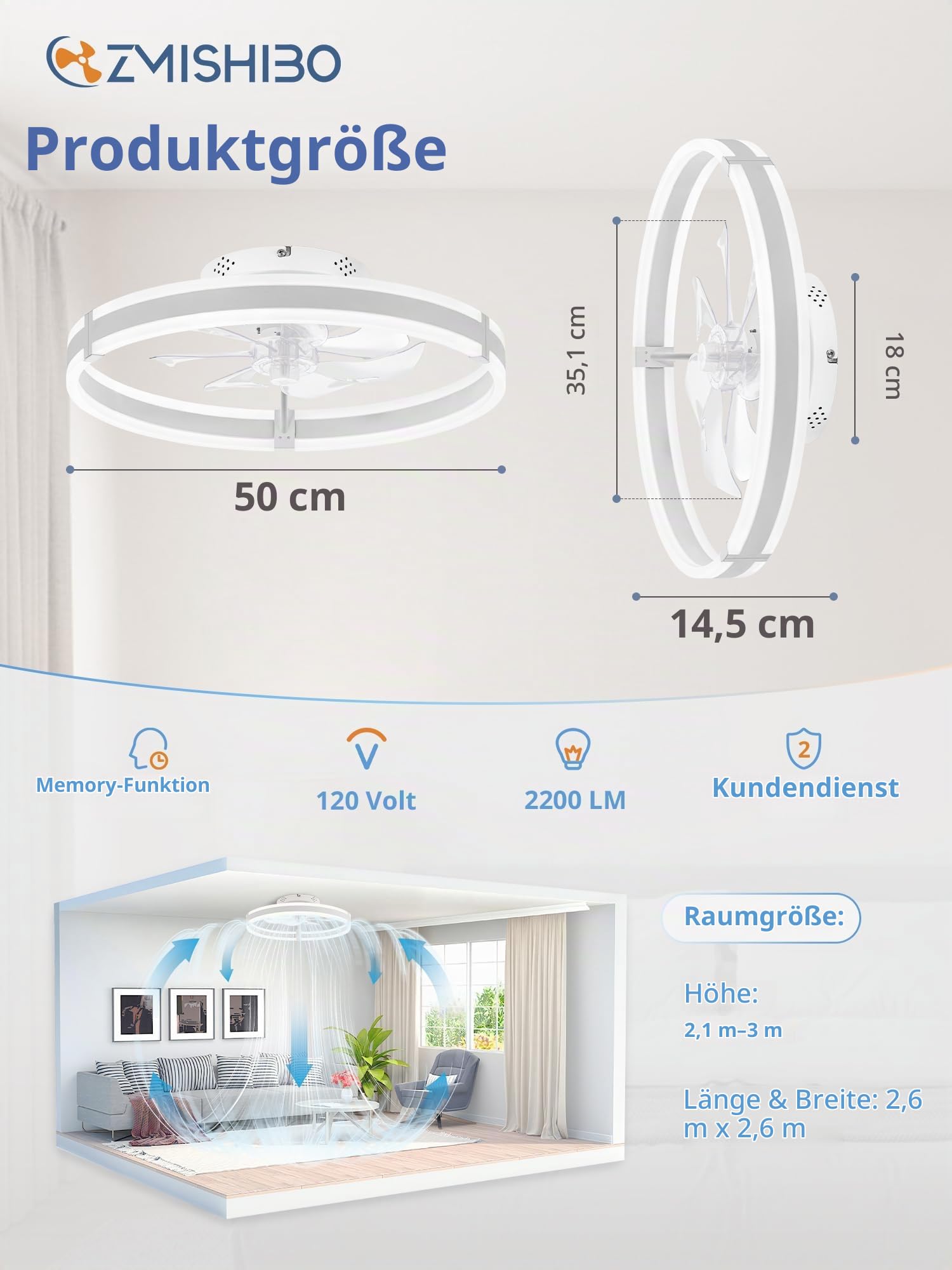 ZMISHIBO Deckenventilator mit Beleuchtung & Fernbedienung Ø50cm, 6 Geschwindigkeiten, Timer, Leise LED Lampe mit Ventilator, Weißer Fandelier für Schlafzimmer & Wohnzimmer