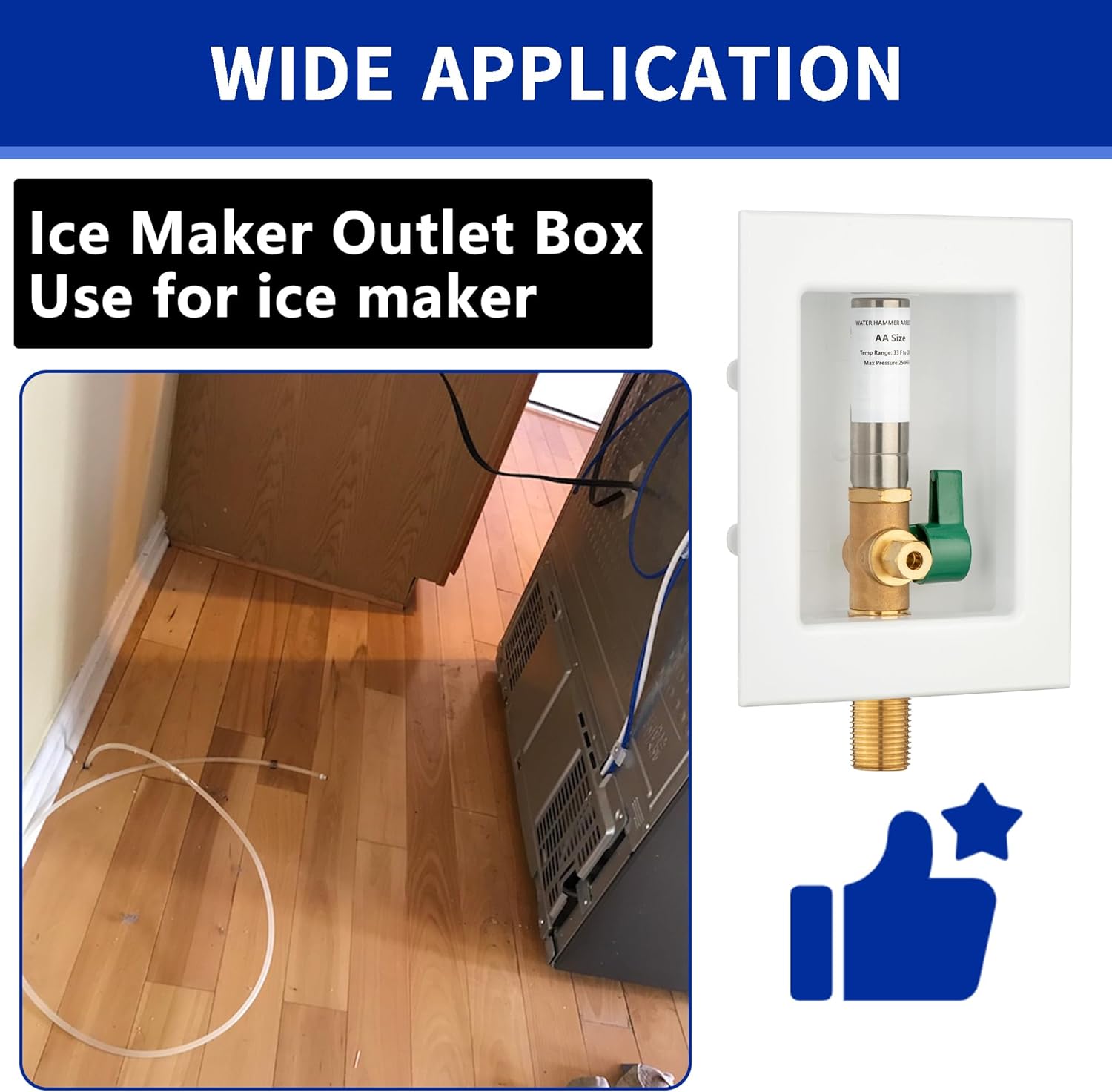 (1 Pack) Lidertik 1/2 NPT Thread or Sweat Pre-Assembled Ice Maker Outlet Box Valve 1/4 inch Recessed Refrigerator Water Line Wall Box with Shut Off Valve and Stainless Steel Water Hammer Arrestor 611