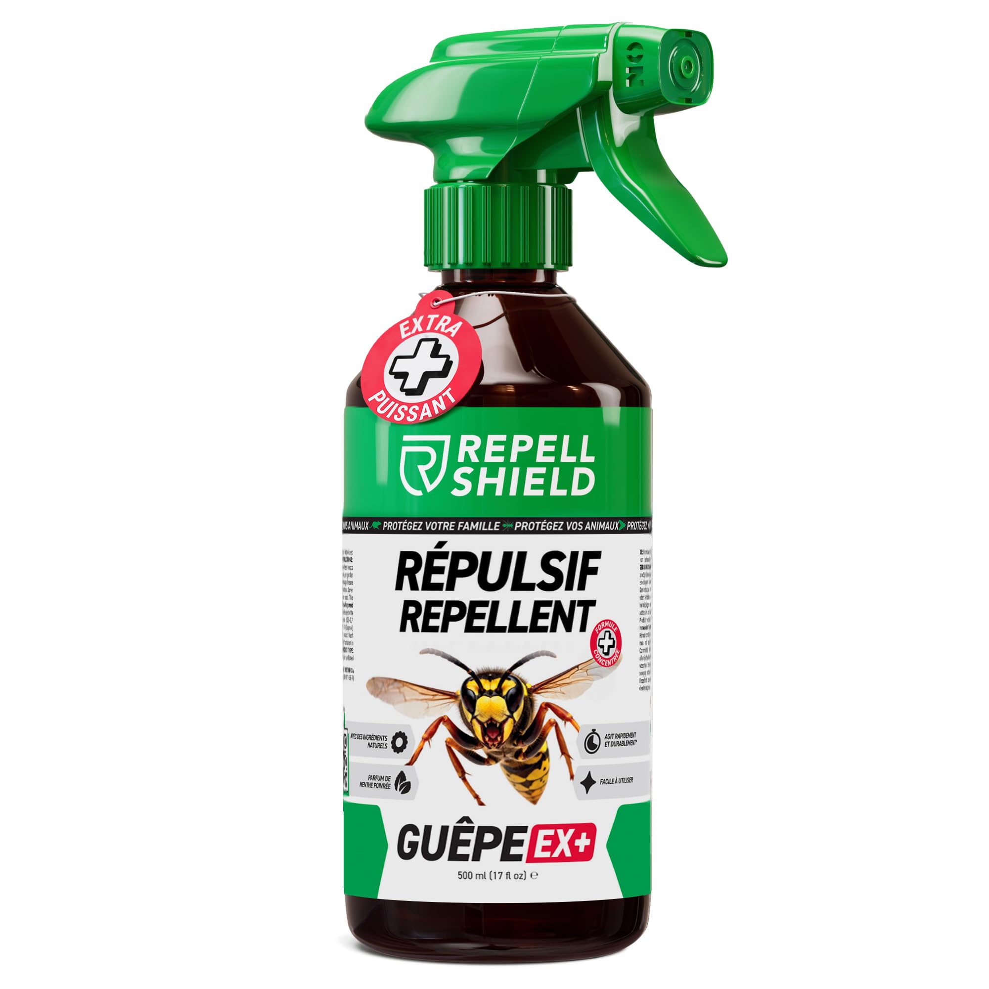 RepellShield® Spray Anti Guepe pour Piscine, Toiture, Jardin -500ml- Non Tachant - Barrière Répulsive à Base de Plantes et Extrait de Chrysanthème - Anti Guepes et Frelons Exterieur