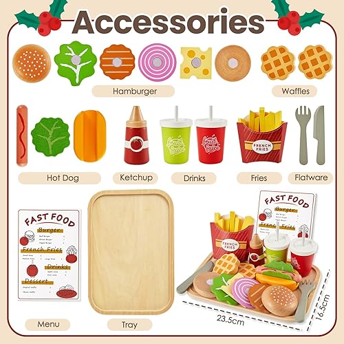 Miniatura 6 de BUYGER Juego de comida de madera para juegos de simulación para niños de 3, 4 y 5 años de edad, hamburguesas, hamburguesas, accesorios de cocina,